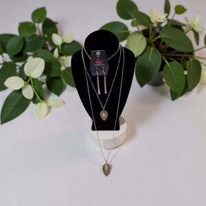 paparazzi Gold Layered Necklace Set with Green Tear Drop Pendant